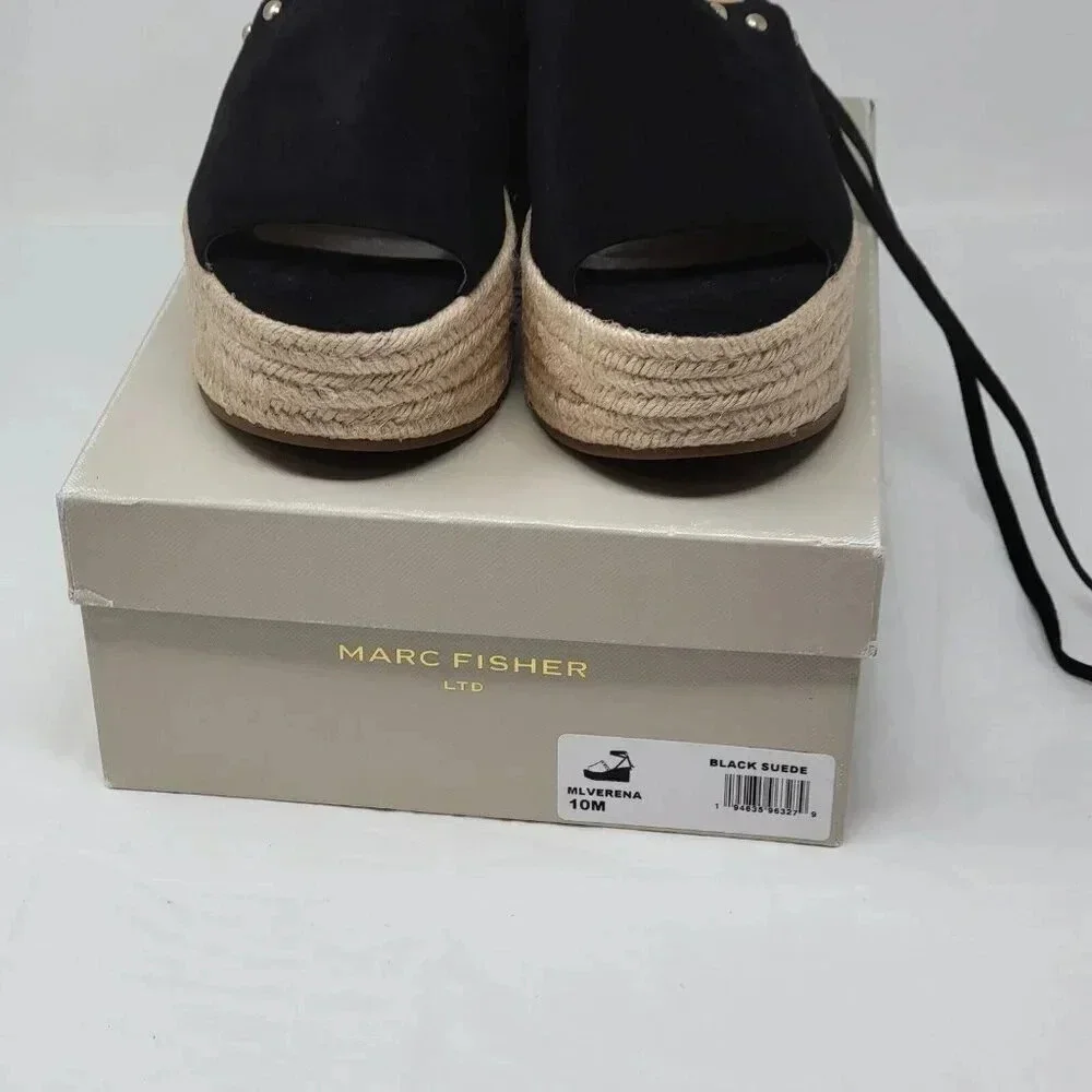 MARC FISHER BLACK SUEDE VERENA ESPADRILLE LACE UP PLATFORM SANDALS Size 10 M